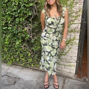 Vintage Rampage  Floral Midi Dress in Green and Black